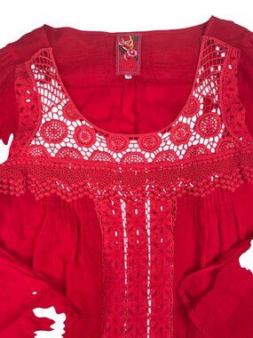 Johnny Was Red Crochet Embroidered Lightweight Boho Tunic Top Womens Medium